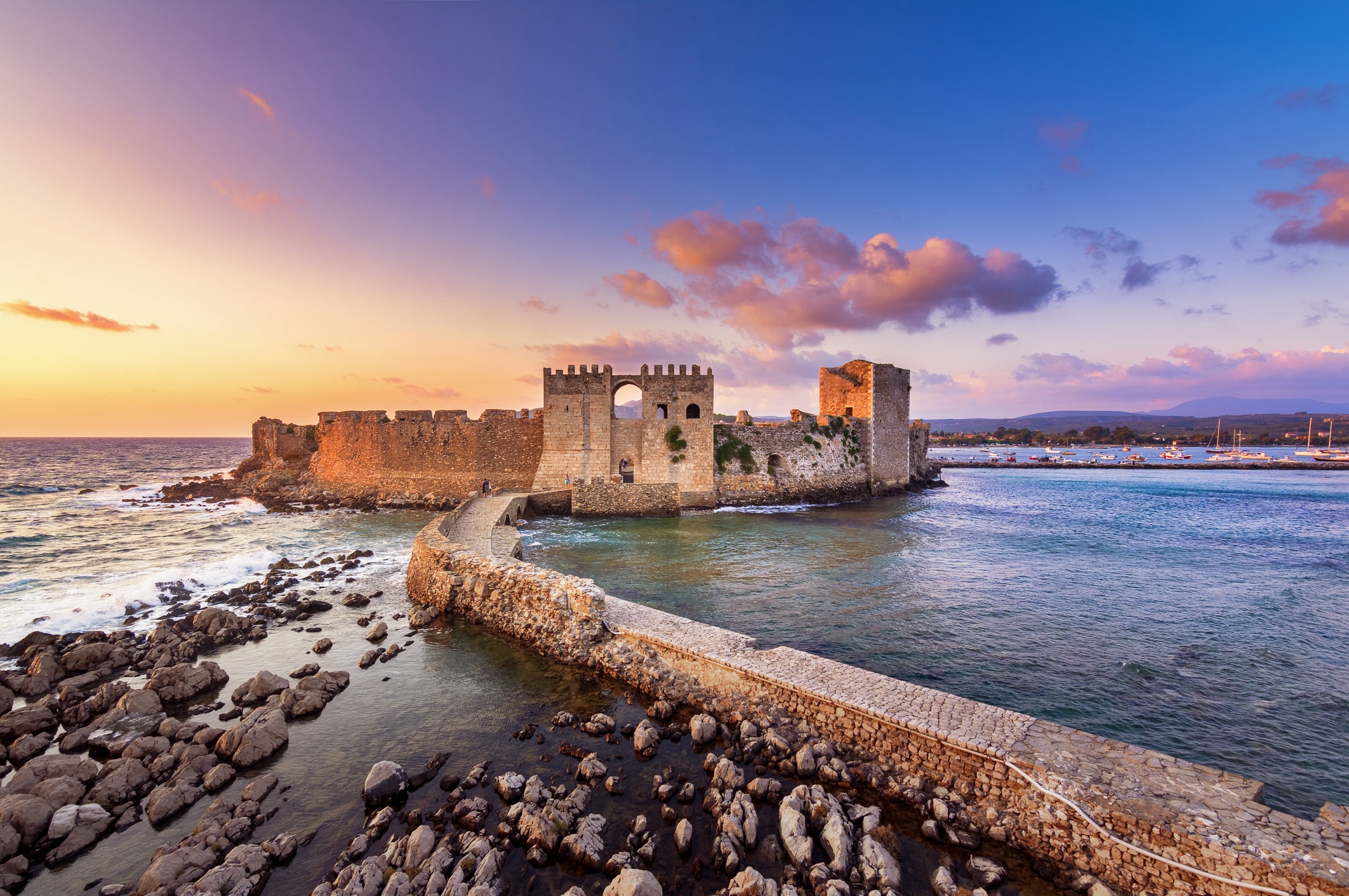 The Venetian Fortress of Methoni at sunset in Peloponnese, Messenia, Greece