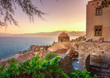 The medieval "castletown" of Monemvasia, often called "The Greek Gibraltar", Lakonia, Peloponnese, Greece