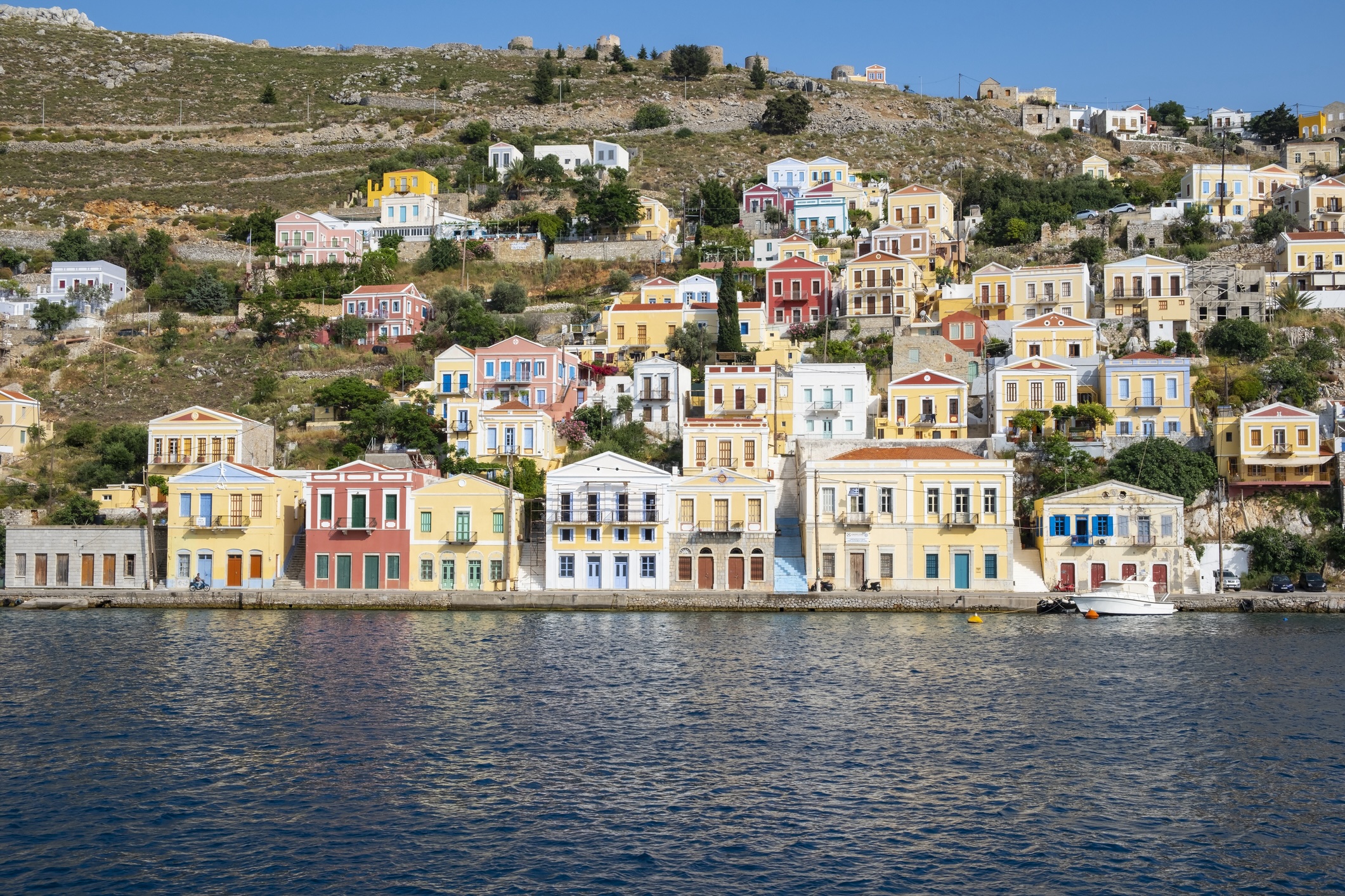 A Closeup View of Houses at the Port of Symi Greece