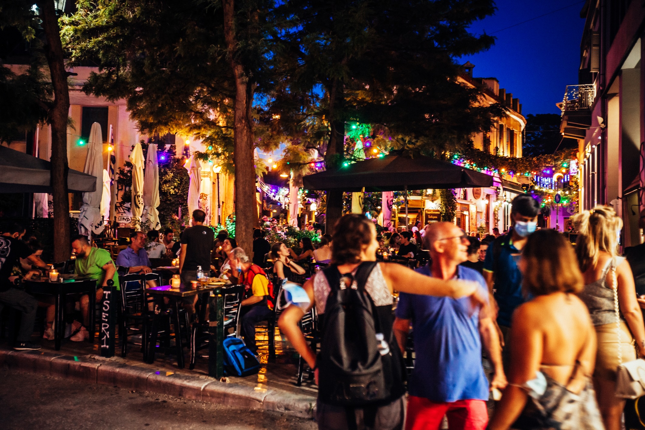 Athens, Greece - People enjoying hot summer night in Psirri district, famous by many bars and restaurants