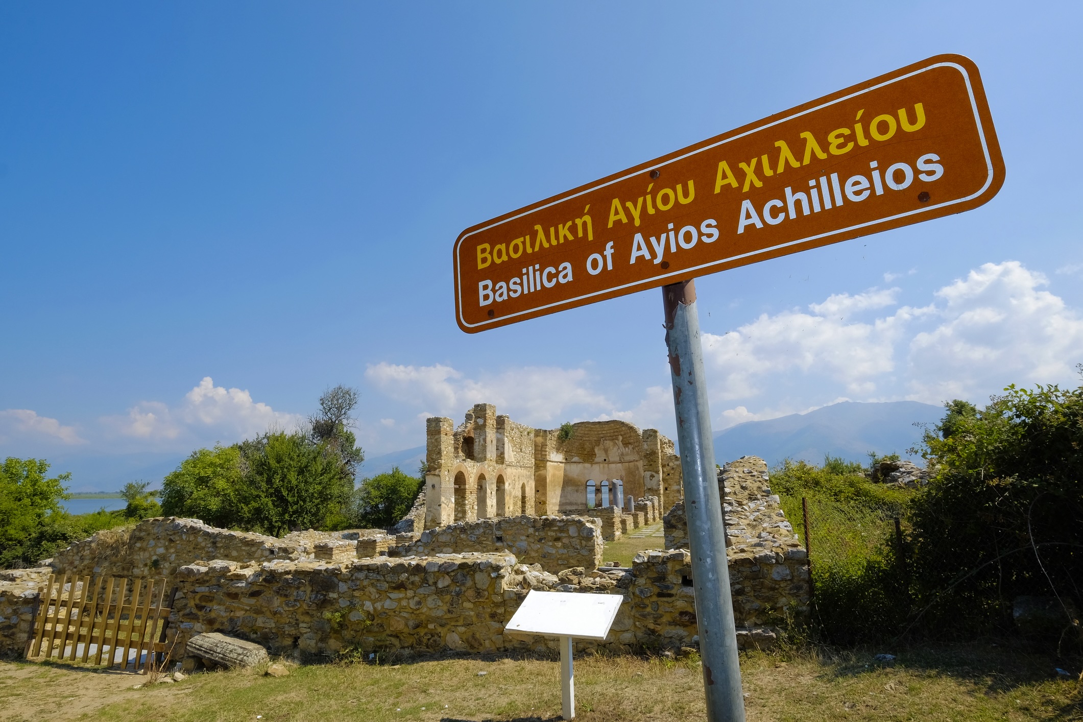 information sign at Saint Achilleios old Byzantine church ruins at lake Prespa in Greece