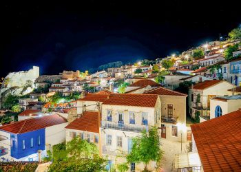 Chora Samothraki in Samothraki island, Samothrace, Aegean sea, Greece, at summer, at night