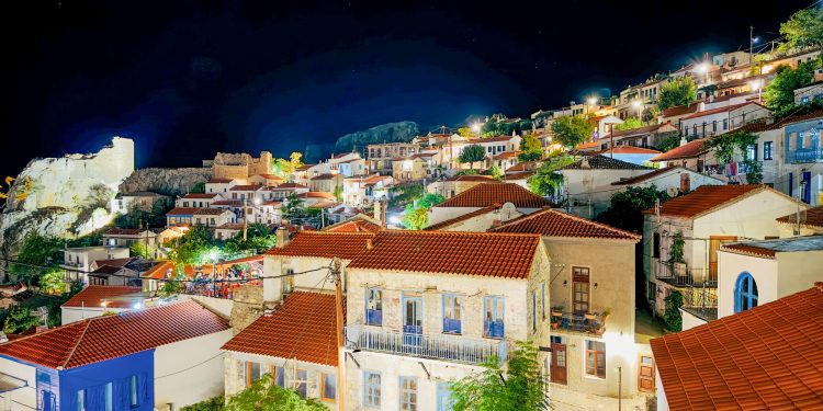 Chora Samothraki in Samothraki island, Samothrace, Aegean sea, Greece, at summer, at night