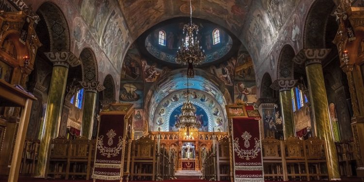 interior view of orthodox Christian church in Greece