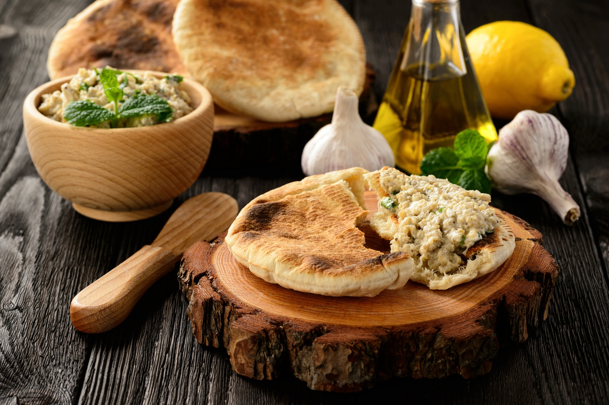 Traditional greek eggplant spread (dip) with pita bread.