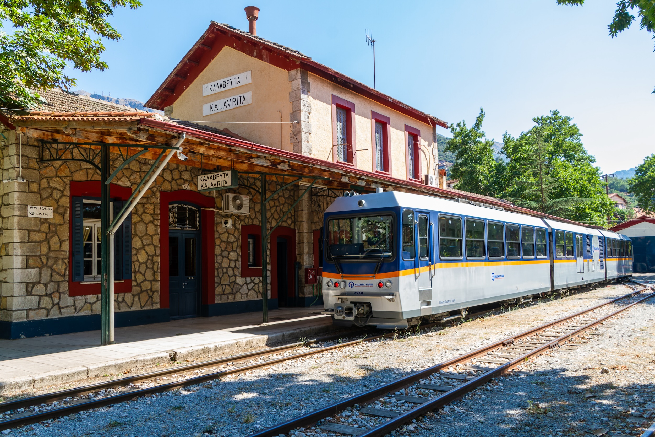 Greece, train at Kalavrita station in Vouraikos Gorge.