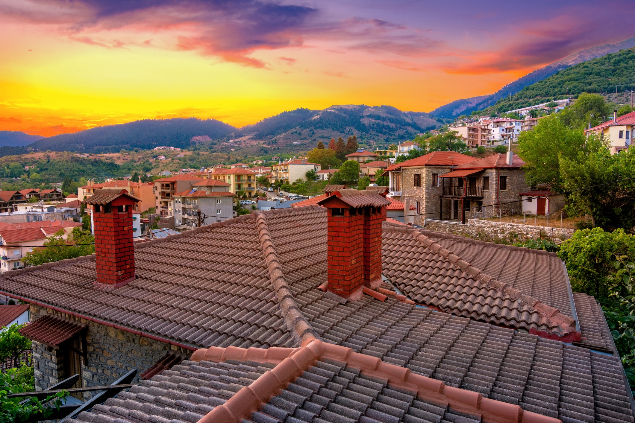 Scenic city view at mountain village of Karpenisi at sunset, Evritania, Greece