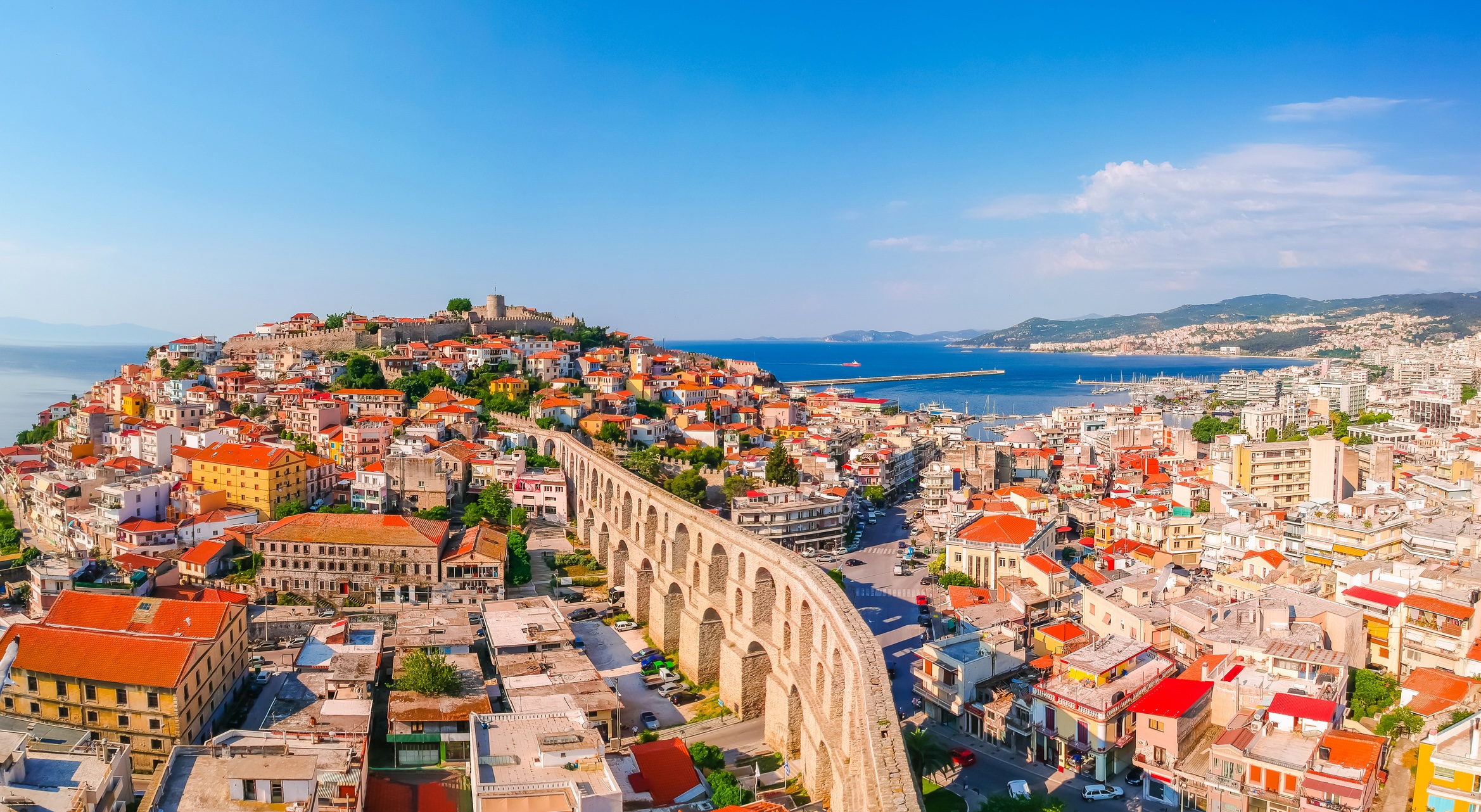 Aerial view of old town, castle and aqueduct in Kavala, Greece, Europe