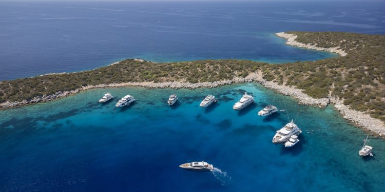 Aerial view of blue island in the Mediterranean Coast.