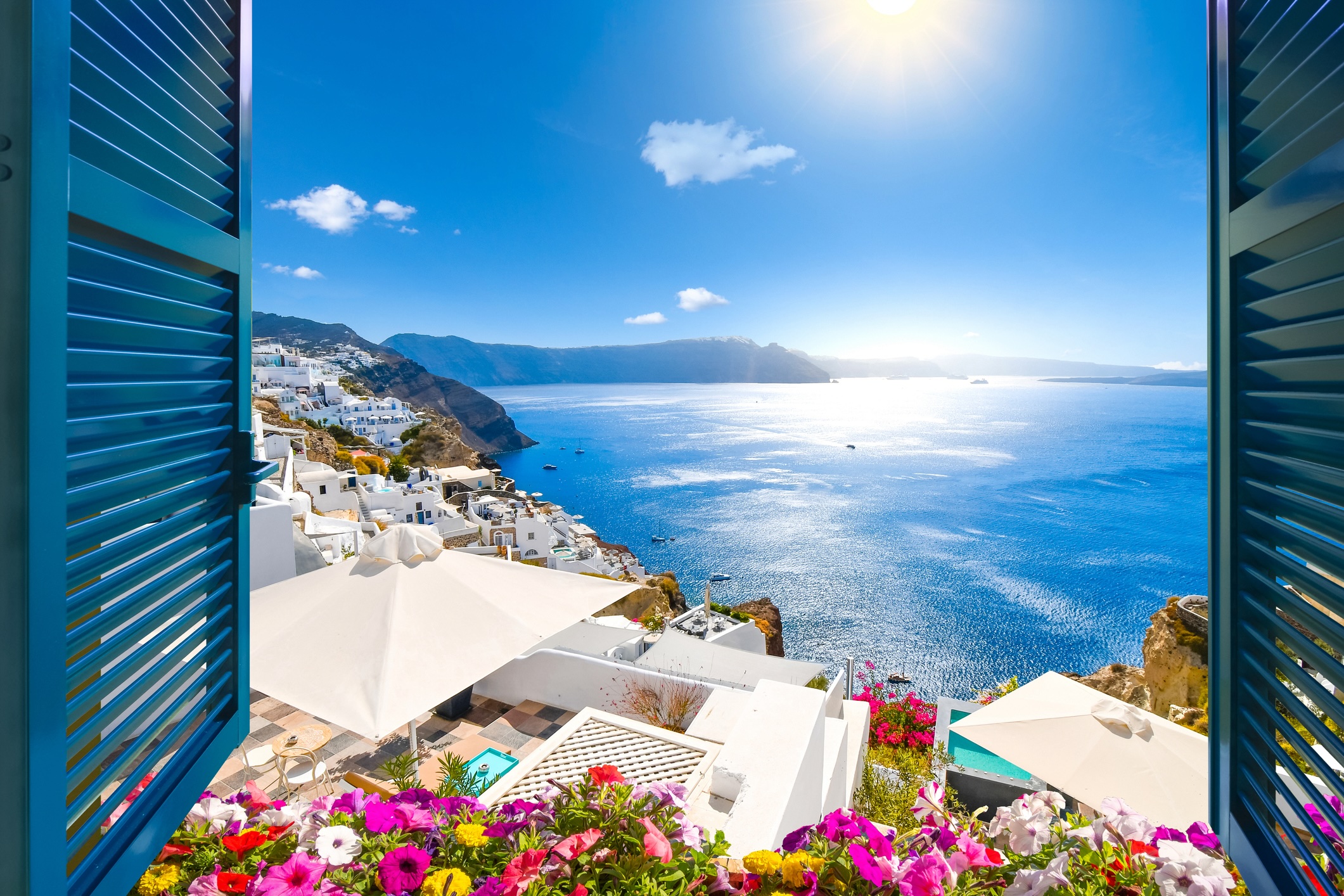 Santorini Window View with Flowers