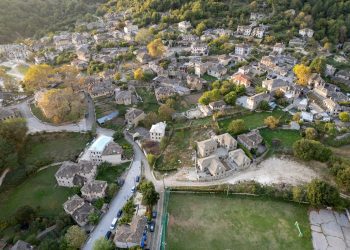 Drone aerial scenery of traditional village of Papingo , Zagorochoria area, in , Epirus, Ioannina Greece.