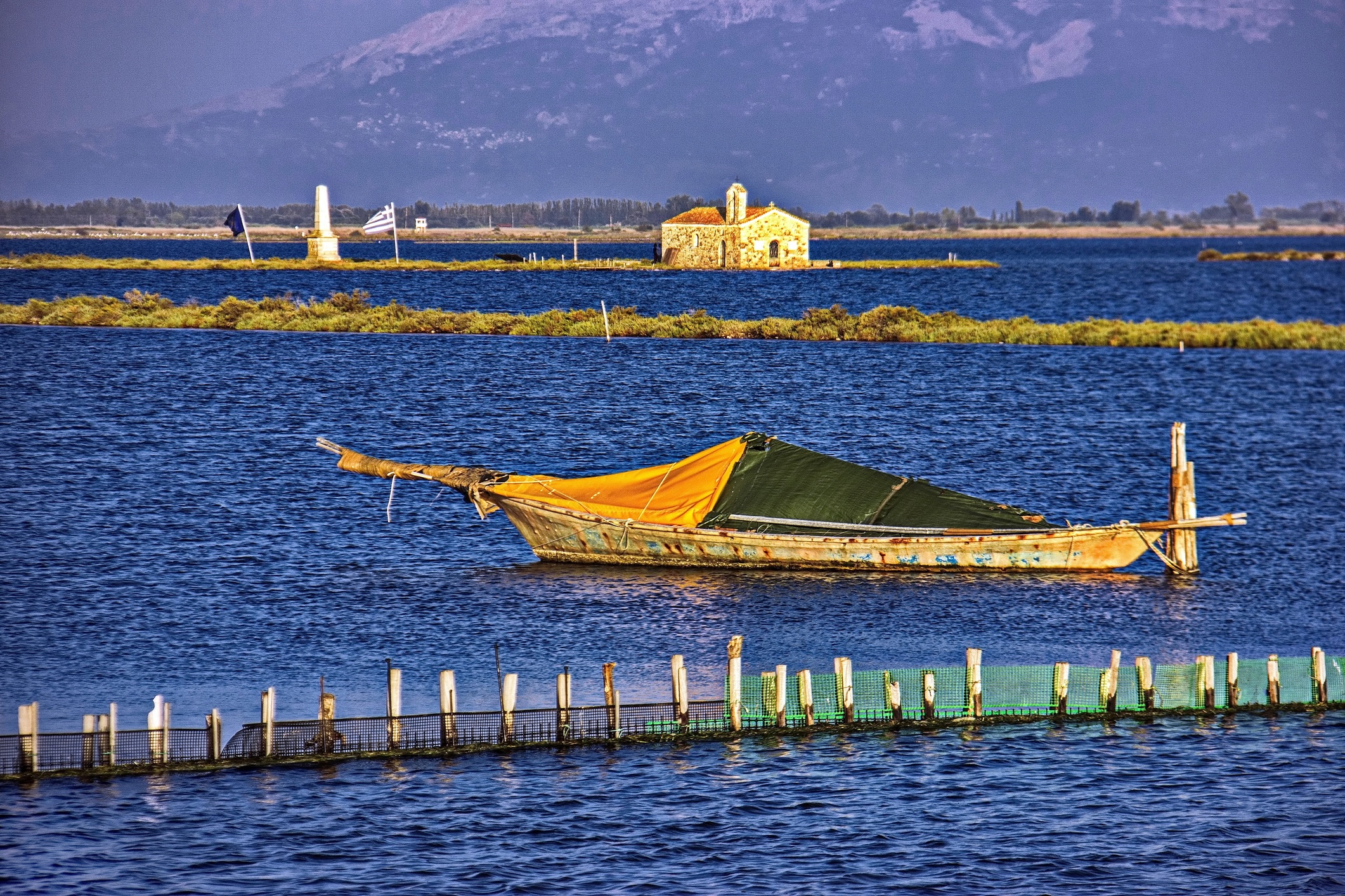 Traditional fishing boat in the sea lagoon of Missolonghi, Greece