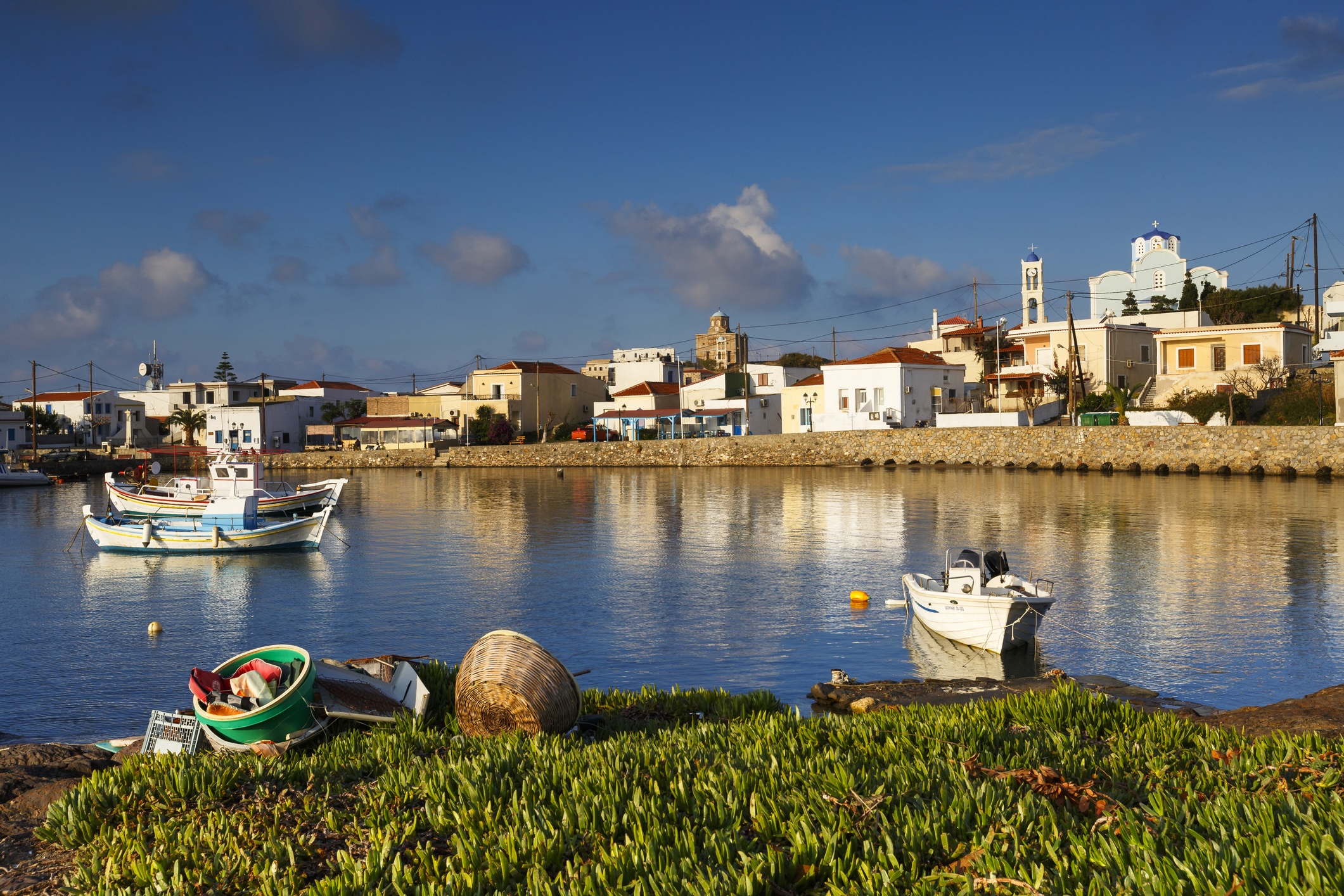 Morning view of Psara village and its harbour.