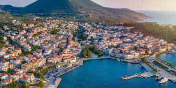 Aerial sunset view of the town of Pylos